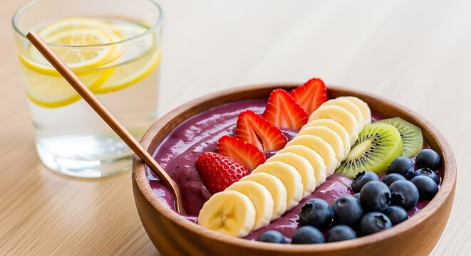 Nutritious acai bowl, fresh fruit, lemon water, and wooden spoon