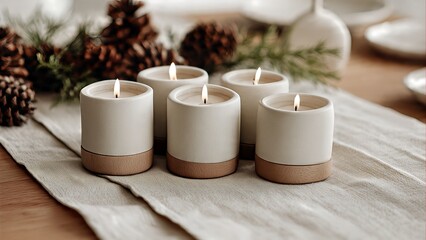 Five lit candles in ceramic holders on a table runner with pinecones and evergreen decor, creating a cozy ambiance.