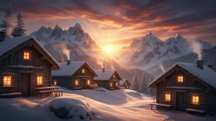 Cozy cabins in a snowy landscape during sunset in the mountains showcase winter beauty and serenity in a picturesque scene - Powered by Adobe