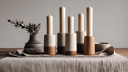 Elegant collection of tall white candles in modern ceramic and wooden holders on a textured table cloth with a decorative vase.