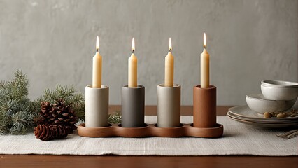 Four lit taper candles in minimalist ceramic holders on a wooden tray, adorned with pine branches and pinecones, set on a dining table.