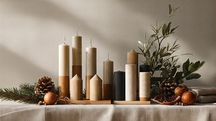 A collection of natural-toned candles and rustic holiday decorations on a tablecloth.