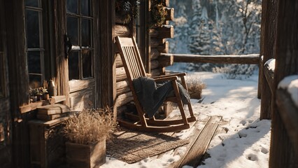 A cozy wooden cabin porch with a rocking chair and blanket, covered in snow during a sunny winter day, surrounded by trees.