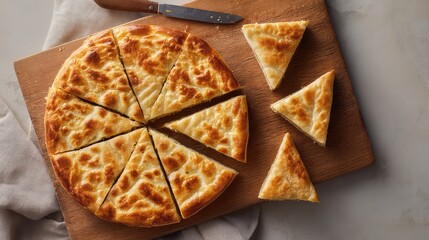 Top-down shot of Gosh Nan (Uyghur meat pie), whole pie and slices arranged neatly, visible filled interior, warm golden baked surface