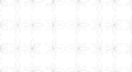 Seamless floral pattern illustration&mdash;six-petal flowers and leaf clusters in light gray line art for elegant design visuals 