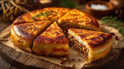 Gosh Nan, traditional Uyghur meat pie, golden crispy crust with flaky edges, rich minced lamb or beef filling, rustic hand-shaped pastry