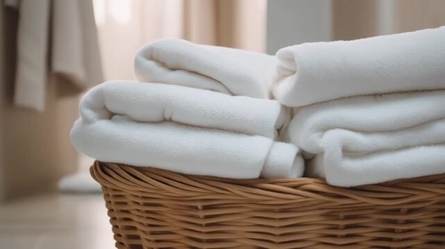Clean white towels in a wicker basket