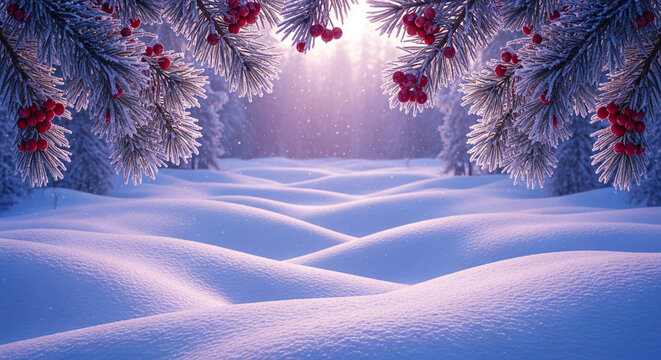 Scenic view of a snowy landscape with frosted pine branches and red berries, representing a winter scene or holiday ambiance, perfect for seasonal concepts