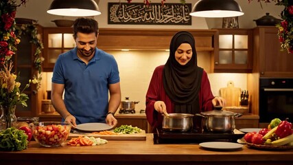 A couple is in the kitchen preparing food together. One is arranging plates while the other stirs a pot - Powered by Adobe