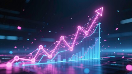 Digital visualization of a glowing neon data graph rising upward pink and blue color financial growth and success graphs floating in dark space.