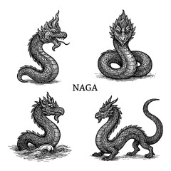 Naga serpentine dragon in detailed vintage engraved poses, Transparent Background