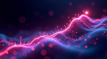 Digital visualization of a glowing neon data graph rising upward pink and blue color financial growth and success graphs floating in dark space.