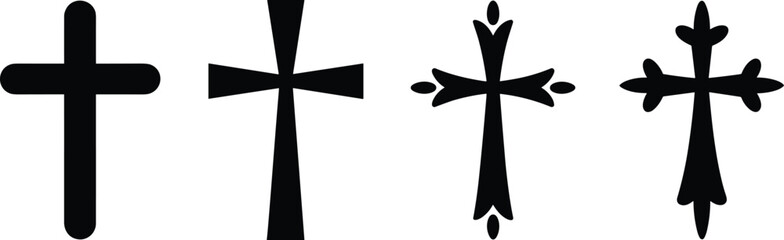 Cross icon set, ornate symbols, religious vector, black design, spiritual theme, cultural motifs, decorative elements, sacred graphic illustration