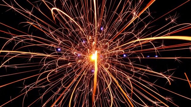 Dynamic Bright Orange and Blue Light Trails Exploding on Black Background