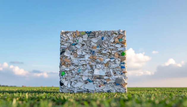 Recycled Waste Cube on Green Field Environmental Concept against Blue Sky