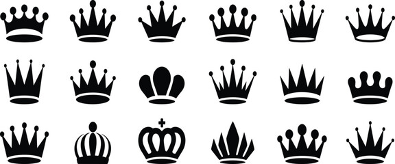 Crown icon set, black silhouette crowns, royalty symbols, vector design, regal elements, graphic pack, king queen emblems, UI assets