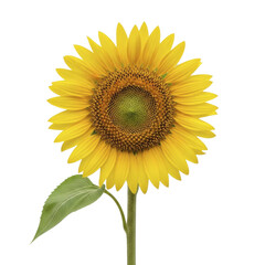 Fototapeta premium Single vibrant yellow sunflower with green stem and leaf on a transparent background PNG image