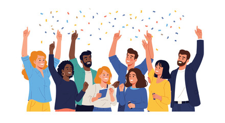 Joyful diverse team celebrates achievement with arms raised and colorful confetti falling around them.