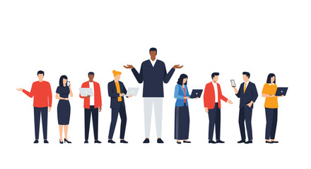 Diverse group of professionals using technology and collaborating, with a central figure gesturing an open question or choice.