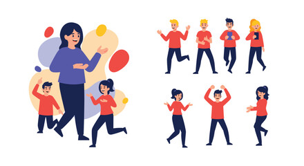 Diverse cartoon people, adults and children, in various poses showing teaching, learning, active movement, and celebration.