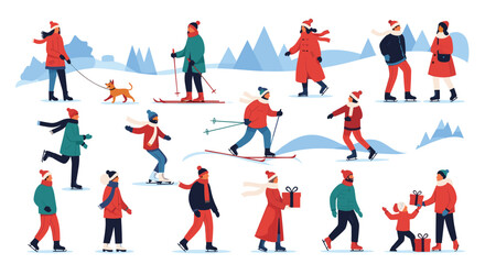 Various people enjoying winter activities like skiing, ice skating, dog walking, and gift exchange in a snowy landscape with blue mountains.
