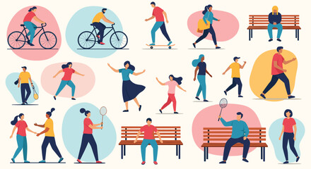 Diverse people engaged in cycling, skateboarding, walking, dancing, playing badminton, and resting outdoors, promoting health, activity, and leisure.