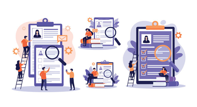 Professionals meticulously review job applications and resumes, employing magnifying glasses, digital tools, and checklists for efficient recruitment and candidate selection.