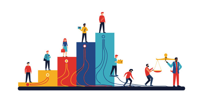 People climbing a bar chart representing business growth, data flow, and the pursuit of justice and equality in a complex system.