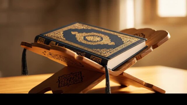 A close-up shows a book in the middle of a wooden bookrest. The book has intricate gold patterns on a dark blue cover and black tassles