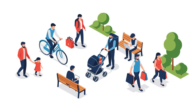 Isometric illustration depicting diverse people engaged in various daily activities in an urban park setting.