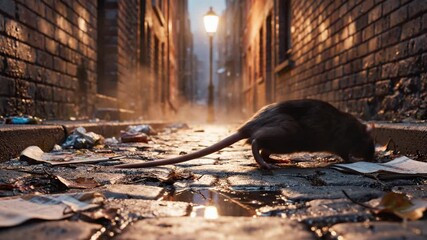 A rat scurries across wet cobblestones in a dimly lit brick alleyway at night. The scene evokes a gritty urban atmosphere with trash and fog, ideal for mystery or historical themes. - Powered by Adobe