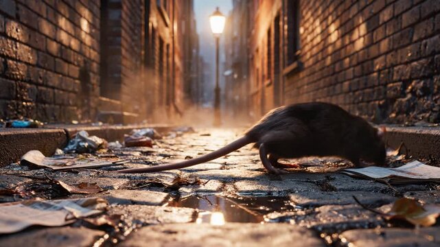 A rat scurries across wet cobblestones in a dimly lit brick alleyway at night. The scene evokes a gritty urban atmosphere with trash and fog, ideal for mystery or historical themes.