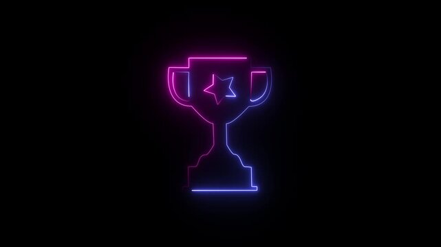 illustration of a trophy, outlined in blue and pink neon lights against a black background. A trophy is a prize given to the winner of a competition or race, symbolizing success or achievement. 