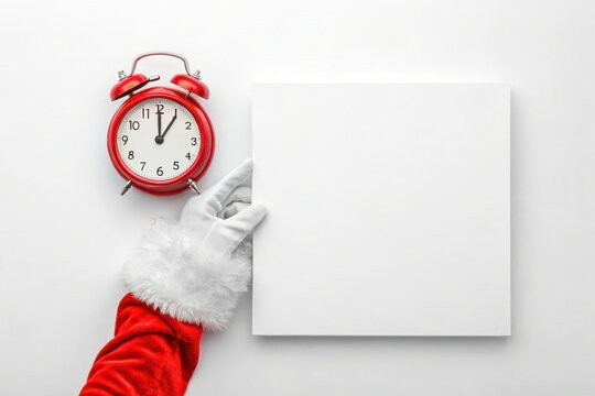 Santa s hand holding a blank sign next to a festive alarm clock