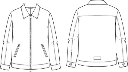 Vector Technical Drawing of Casual Zip-Front Outerwear Jacket with Shirt Collar, Slanted Zipper Pockets, and Adjustable Buttoned Cuffs Apparel Mockup