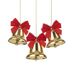 Three golden holiday bells with red bows hanging on golden strings on a transparent background PNG image PNG file