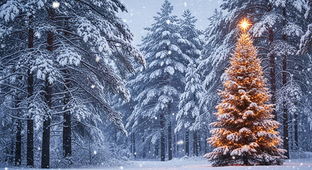 Image of snowy pine trees with a glowing christmas tree, showcasing a festive scene, representative of winter holiday, celebration, and festive spirit