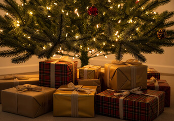 Warm glow of festive Christmas tree lights illuminating beautifully wrapped presents