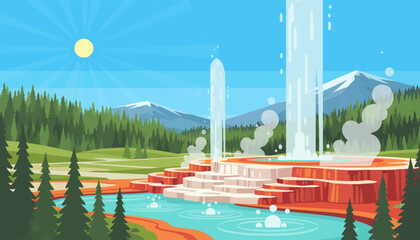 Yellowstone National Park, USA Colorful hot springs, erupting geysers, mineral terraces and vast pine forests under bright blue sky creating dramatic geothermal scenery