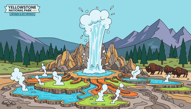 Yellowstone National Park, USA Colorful hot springs, erupting geysers, mineral terraces and vast pine forests under bright blue sky creating dramatic geothermal scenery