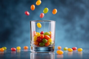 colorful jelly beans in a glass with falling candies