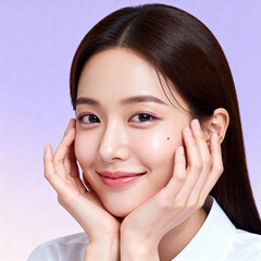 Smiling Asian Woman Skincare Portrait with Hands on Cheeks