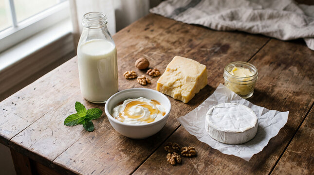A rustic wooden table displaying a variety of fresh dairy products in soft natural light - Powered by Adobe