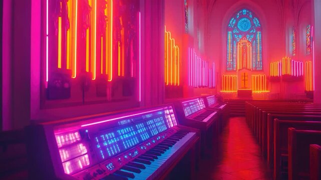 Video A vibrant and colorful interior of a church filled with neon lights, perfect for use in futuristic or modern settings