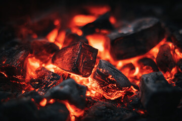 燃える赤い炭と炎