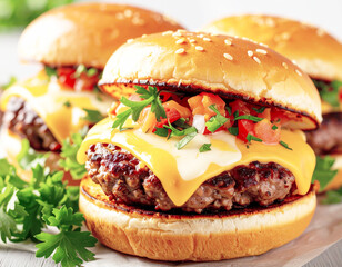 Quesadilla burger on a bun, macro shot. AI