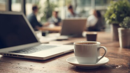 workplace coffee break with laptops warm friendly mood