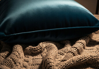 Comfort and Texture A Close-Up of a Cozy Teal Pillow and Knitted Blanket