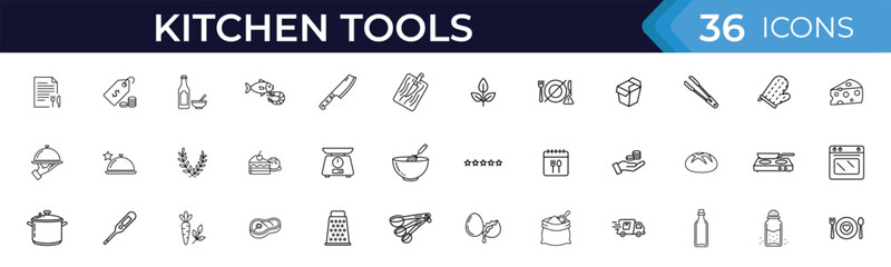 Kitchen tools line icon set. Vector pictograms of cooking utensils, food preparation, cookware, ingredients, baking equipment, and culinary essentials illustration.
