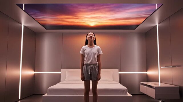 Smiling woman stands in modern bedroom with indirect lighting